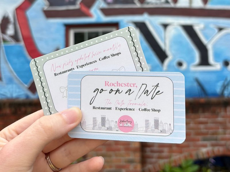 The Rochester Date Card held up in front of a Rochester mural